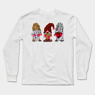 Three Gnomes  Holding Hearts Leopard Print Buffalo Plaid Valentines Day Shirt Long Sleeve T-Shirt